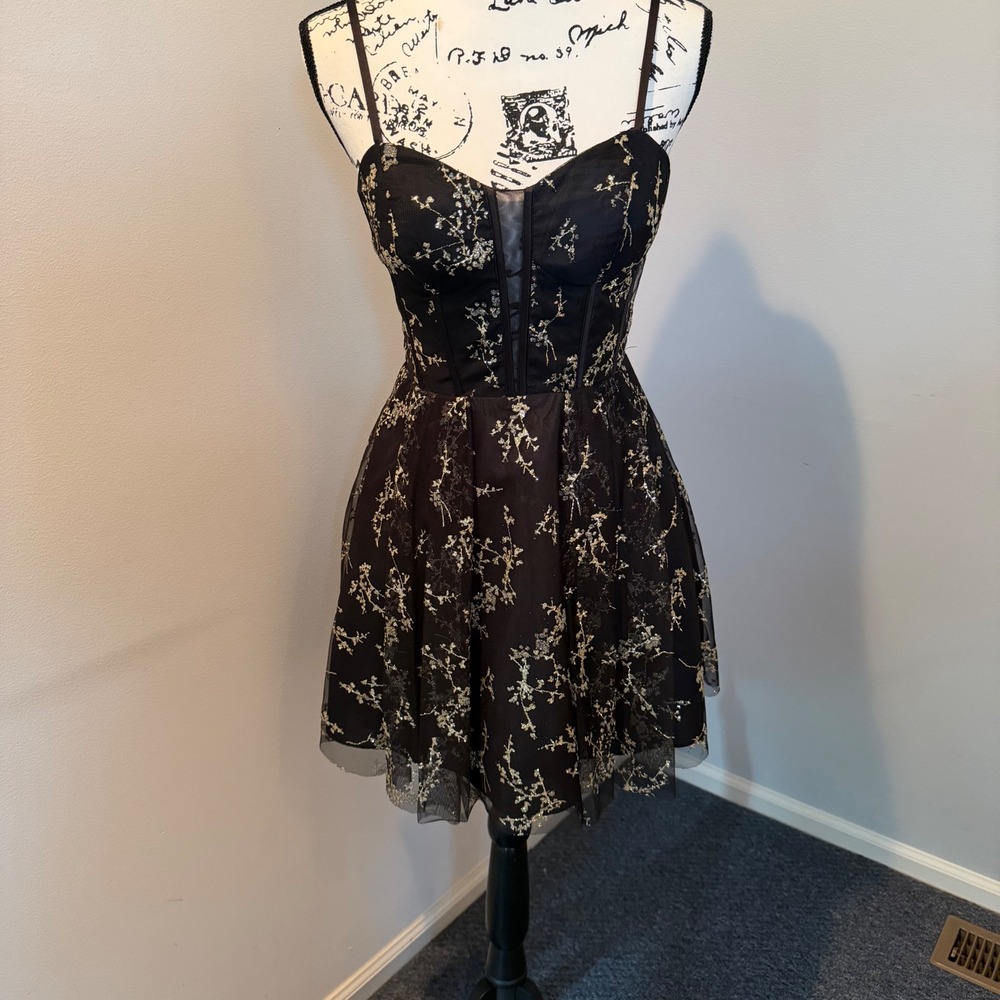 Blondie Nites Black Gold Glitter Floral Corset Fit Flare Cocktail Dress Size 3